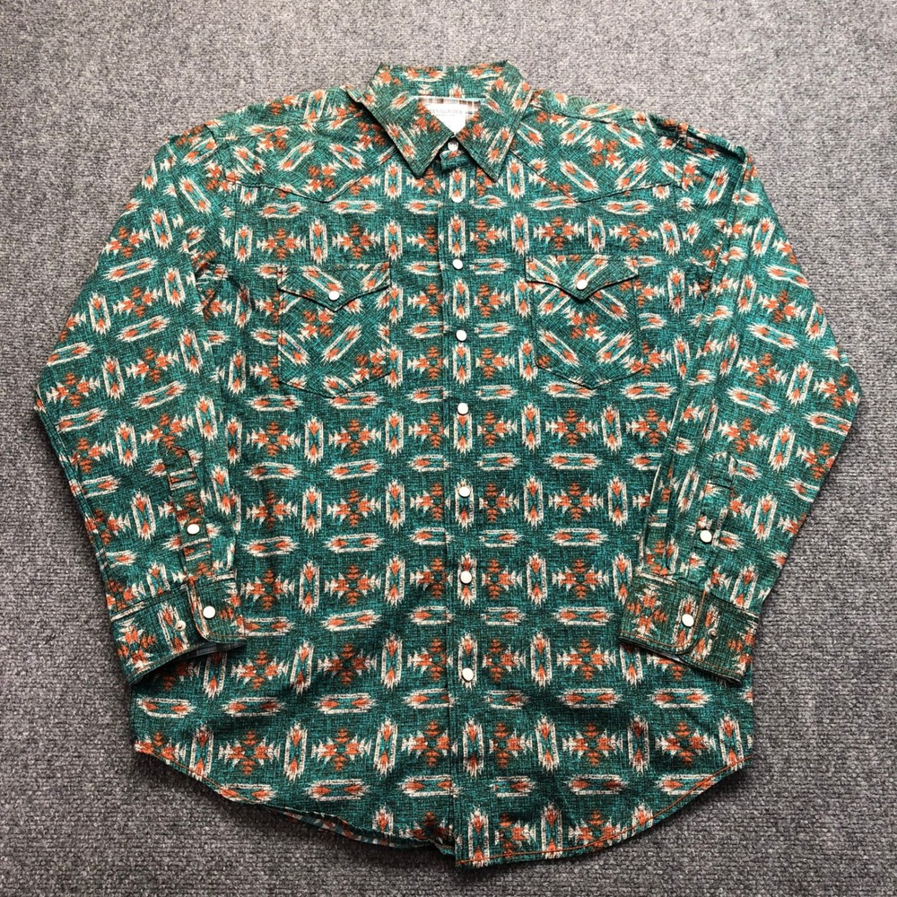 Panhandle Rough Stock Mens Teal Orange Southwestern Pearl Snap Western Shirt L
